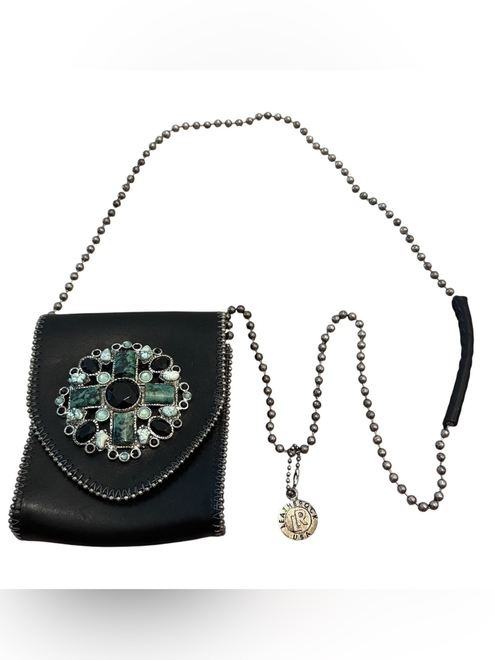 Leatherock Black Leather Crossbody Purse Boho Jewel Stone Cross Long Chain Strap